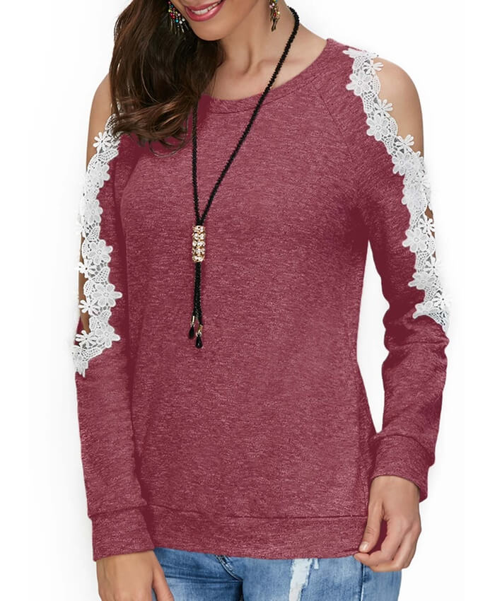 Cold Shoulder Lace Panel Wine Red Blouse